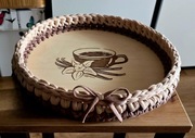 Drewniana taca na kubki,filiżanki handmade szydełko na kawę