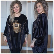 Tunika welur czarna złote cyrkonie perfumy z różami  plus size 