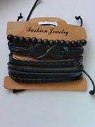 Rzemykowe bransoletki czarne regulowana vintage retro boho nieskoczoność
