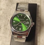 Prosty klasyczny męski Zegarek Chronos kwarcowy stalowa bransoleta zielony