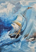 Obraz olejny ręcznie malowany pt. Żaglowiec na wzburzonym morzu