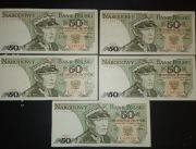 5 Banknotów 50 Złotych z 1988 r. Kilka kolejnych numerów 