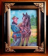 UŁAN KROJĄCY CHLEB-OBRAZ OLEJNY NA PŁÓTNIE -J. KOSSAK 43x33 