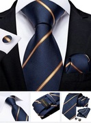 Elegancki Biznesowy Zestaw Krawat Poszetka Spinki - Niebieski