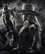 "Kobieta w kapeluszu i koń" - 50x60 cm. Farby olejne na płótnie