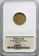 122. 20 groszy 1949 Próba Mosiądz - Bardzo Rzadka Nakład 100 sztuk