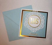 Kartka na Pierwszą Komunię Świętą niebieska złota dla chłopca HANDMADE