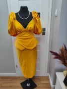 ASOS sukienka L – żółta elegancka midi, bufiaste rękawy, piękny dekolt