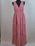 Sukienka Maxi REBELLION L Róż Pudrowy Koronka Dekolt V Boho