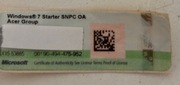 ACER GROUP WINDOWS 7 STARTER SNPC OA X15-53885 NAKLEJKA KOD
