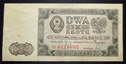 Banknot Polska PRL 2 Złote 1948 r. Seria W Stan -I -UNC
