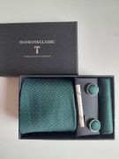 Nowy krawat w pudełku zielony zestaw 