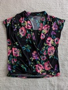 Czarna kolorowa elegancka kopertowa bluzka w kwiaty M&Co 44 XXL jak nowa