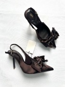 ZARA satynowe czółenka kokarda szpilki brązowe odkryta pięta NOWE 41