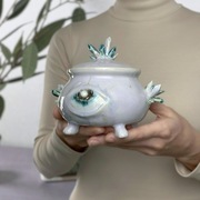 Ceramiczny pojemnik z okiem i kryształami – rękodzieło, na cukier i zioła