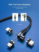 Kabel magnetyczny 3w1 TOPK obrotowy 540° Micro USB, Typu- C, LIGHTNING
