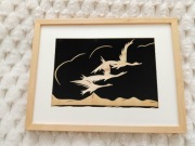 Obraz żuraw 3 żurawie w locie intarsja PRL Vintage Japandi Boho