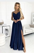 ELEGANCKA SUKNIA NA RAMIĄCZKA DUŻE WYCIĘCIE Z BOKU GRANATOWA Z BROKATEM XS