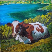 Obraz olejny na płótnie  krowa w pejzażu 40x40 cm