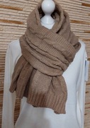 Nowy szal dzianina prążek warkocz  50%kaszmir 50% wełna beż taupe