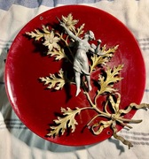 Antique French Faience Red Porcelain, Bronze & Ormolu Plate, 19th cent.