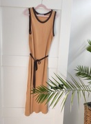 Ted Baker musztardowa sukienka midi z lamówką wiązana w talii