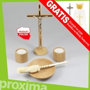 DREWNIANY JASNY KOMPLET KOLĘDOWY Krzyż Świeczniki Kropidło Miska na KOLĘDĘ