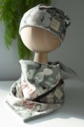 Czapka i chusta- kwiaty na szarym S 52-56cm – Czapkizglow.pl