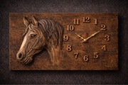 Ręcznie rzeźbiony zegar ścienny z koniem - drewno lipowe | 25 x 35 cm