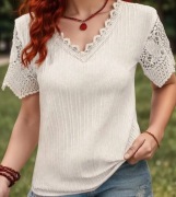 Bluzka z Koronką i Dekoltem w Serek, Koronkowy Krótki Rękaw r. 48/50