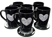Kubki czarne z sercem glamour 6szt podstawki srebrne 