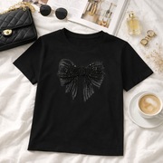 Czarny T-shirt damski z kokardą | elegancki