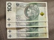 4 banknoty 100 zł z numerami serii po kolei