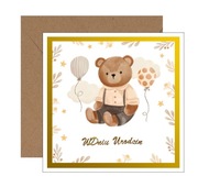 Kartka na urodziny roczek miś dla dziecka złota ramka brązowa koperta