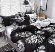 POŚCIEL 200X230 W BIAŁO-CZARNE LIŚCIE 4 CZĘŚCI z prześcieradłem!