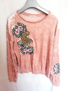 Bluzka welurowa z długim rękawem H&M 36/38 S/M aksamitna z tygrysem kwiaty