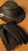 Kapelusz kowbojski skórzany czarny rozm 60 plus rękawice 