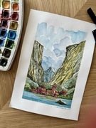 Ręcznie malowany obrazek akwarelowy – Fiordy, do pokoju dziecka, oryginał