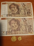 2 banknoty 100 franków francuskich 1993-1994 + 2 monety gratis