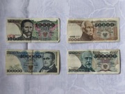 Banknoty PRL stare złote zestaw 4 szt 10 000 50 000 100 000 500 000 zł