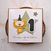 Kartka na roczek, kartka na 2, 3 urodziny, z lwem, personalizowana