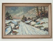 Stary obraz Polski pejzaż zimowy o/p sygn