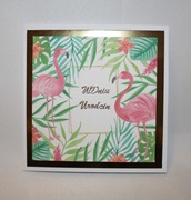 Kartka na urodziny lub imieniny flamingi tropikalna egzotyczna różowa złota