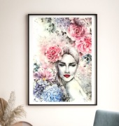 Obraz kobieta i kwiaty akwarele DUŻY