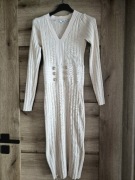 Sukienka midi prążek dopasowana guziki beżowa S/M