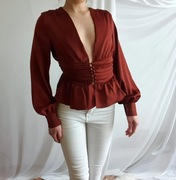 Brązowa Bluzka Damska z Głębokim Dekoltem na Guziki XS 34 In The Style