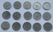 15 szt monet 20 gr groszy m.in: 1949, 1962, 1965, 1972 + 5 gr z 1949 -ŁADNE