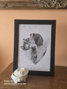 Grafika myśliwska polowanie. A4. Pies myśliwski. Wyżeł. Aport kaczki.