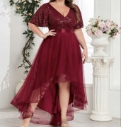 Bordowa asymetryczna sukienka lepszy przód dłuższy tył rękaw cekiny