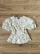 Bluzka biała w cytryny cytrynki na lato kopertowa len bawełna L XL